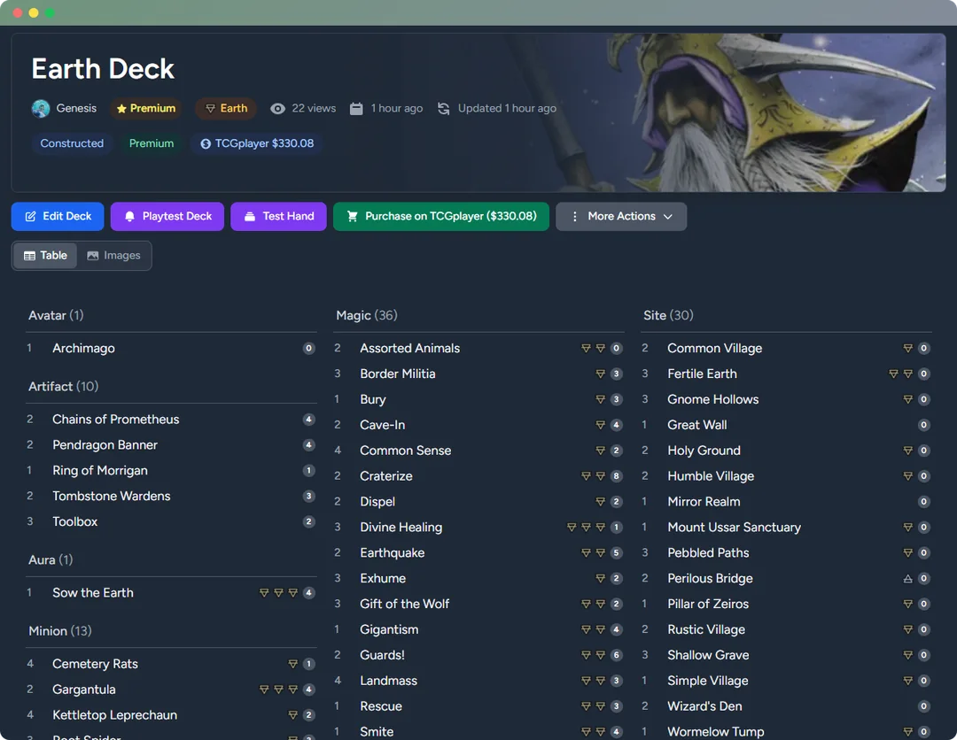 Deck page with card list and deck tools